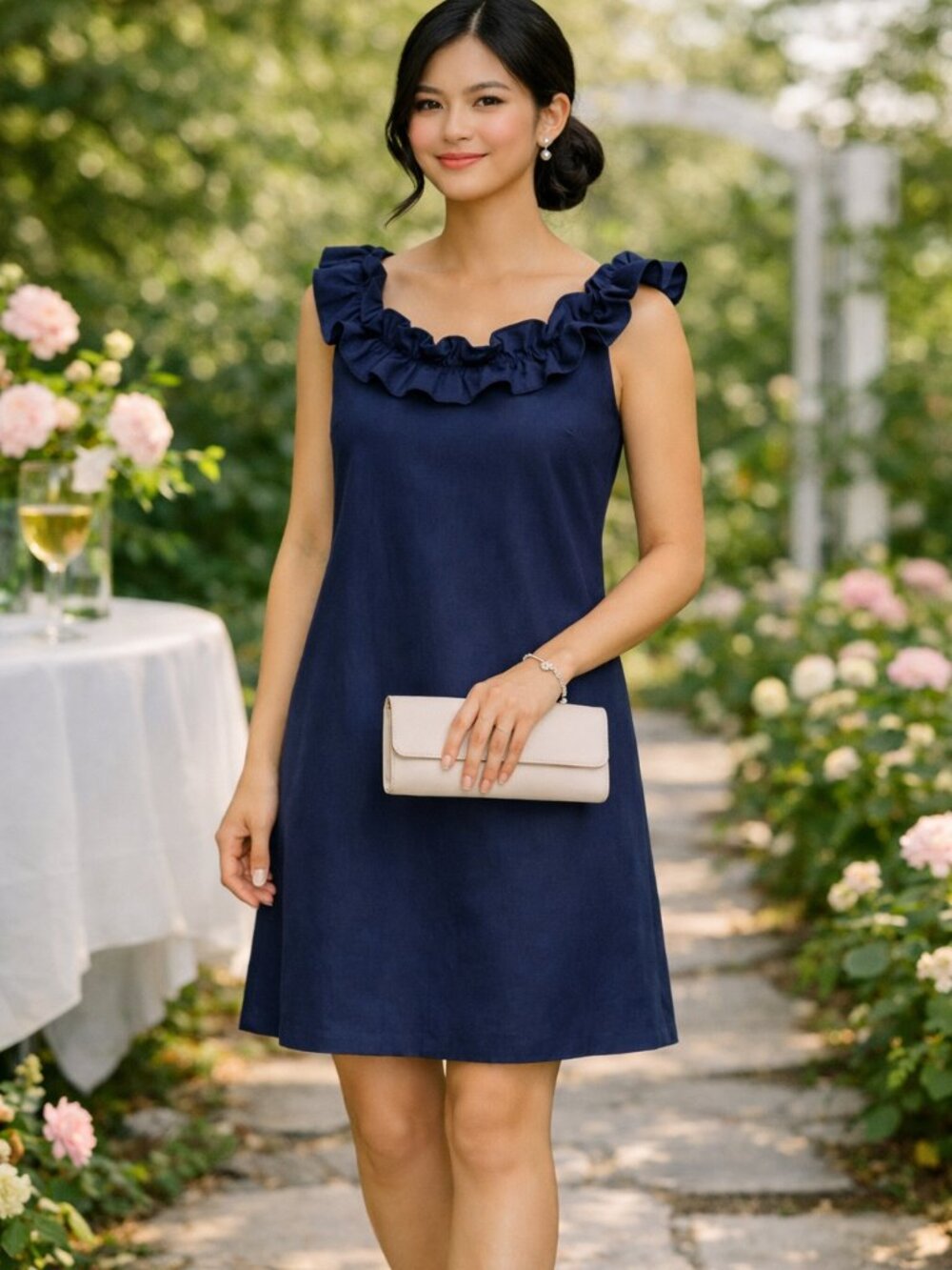 Loft Navy Blue Dress  with Ruffled Neckline and Shoulders  Size 2